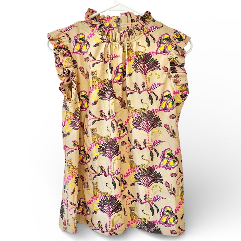 Jude Connally Beige Floral & Leopard Print Ruffle Shell - Picture 1 of 7